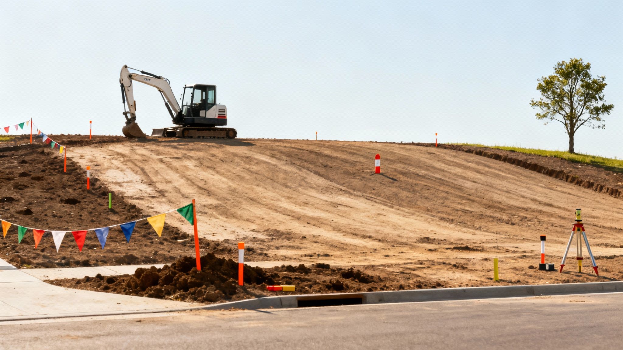 Excavator on construction site with surveying equipment and colorful flags marking land development area