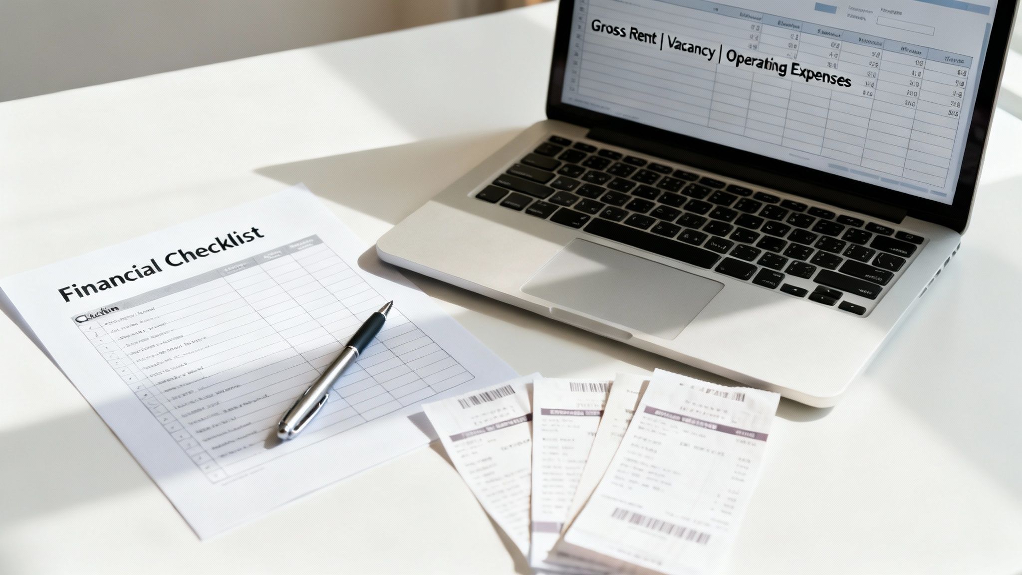 Financial documents, a checklist, receipts, and a laptop with a spreadsheet on a white desk.
