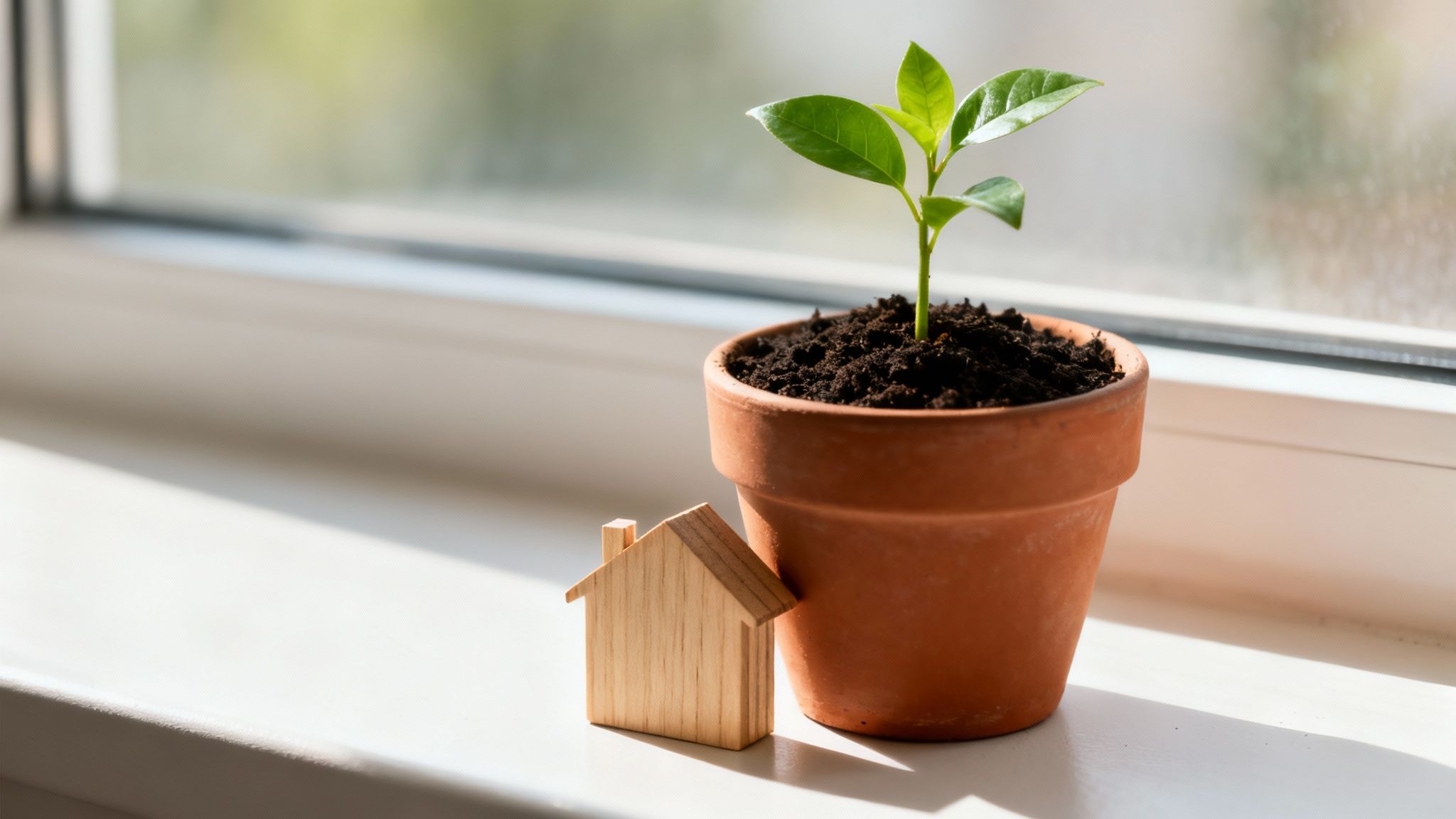 Small wooden house and a young plant in a pot on a sunlit windowsill, symbolizing growth.