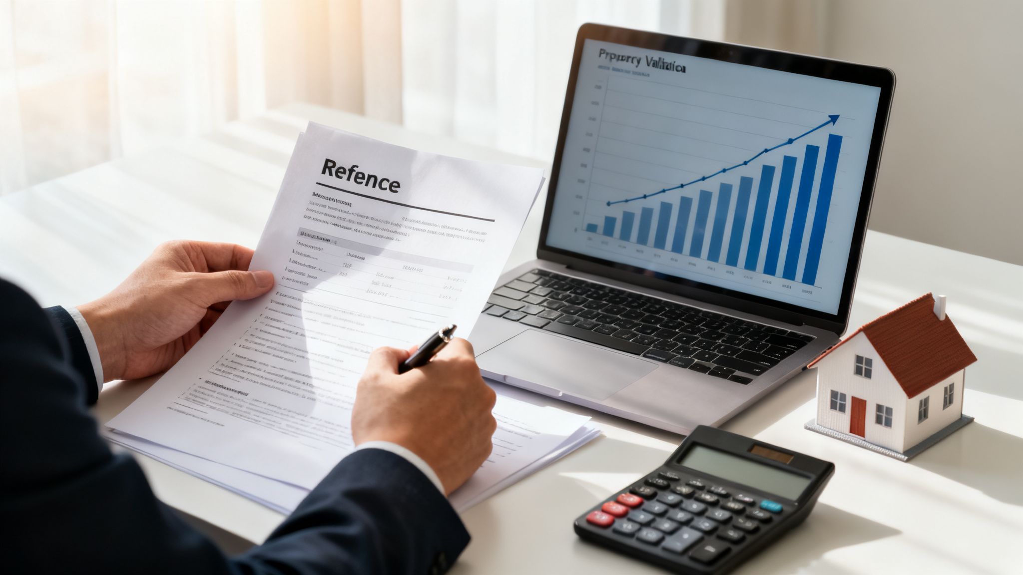 Man in suit reviewing documents with a pen, laptop displaying property valuation, and a model house.