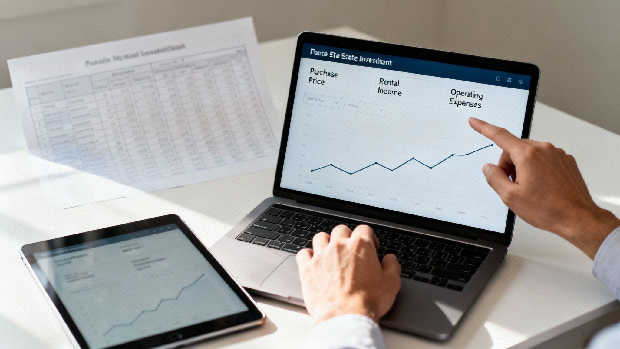 Close-up of a person analyzing financial data for real estate investment on multiple screens.