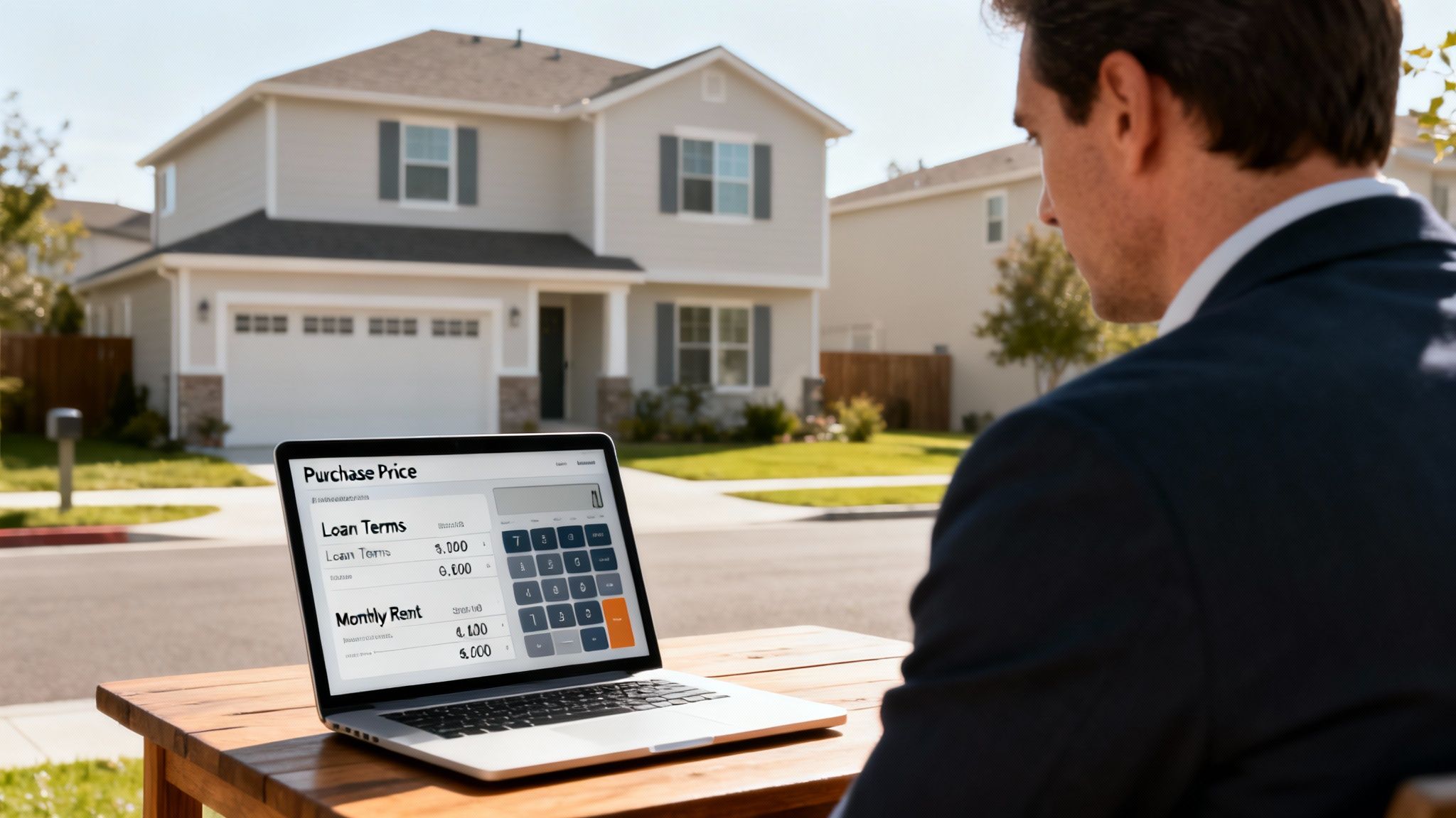 A man in a suit sits outdoors, looking at a laptop displaying a real estate loan calculator for a house.