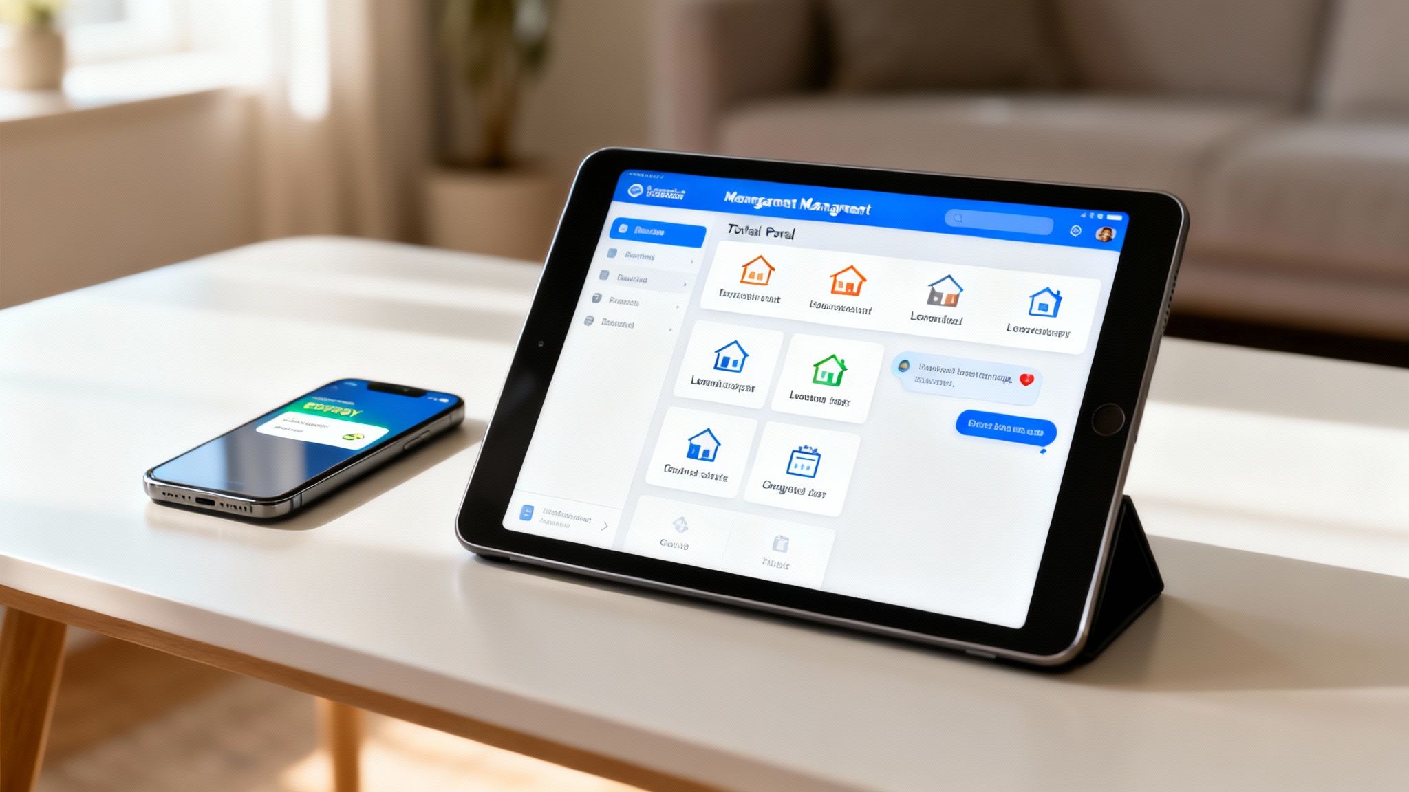 A tablet displays a property management portal next to a smartphone with a payment app on a white table.
