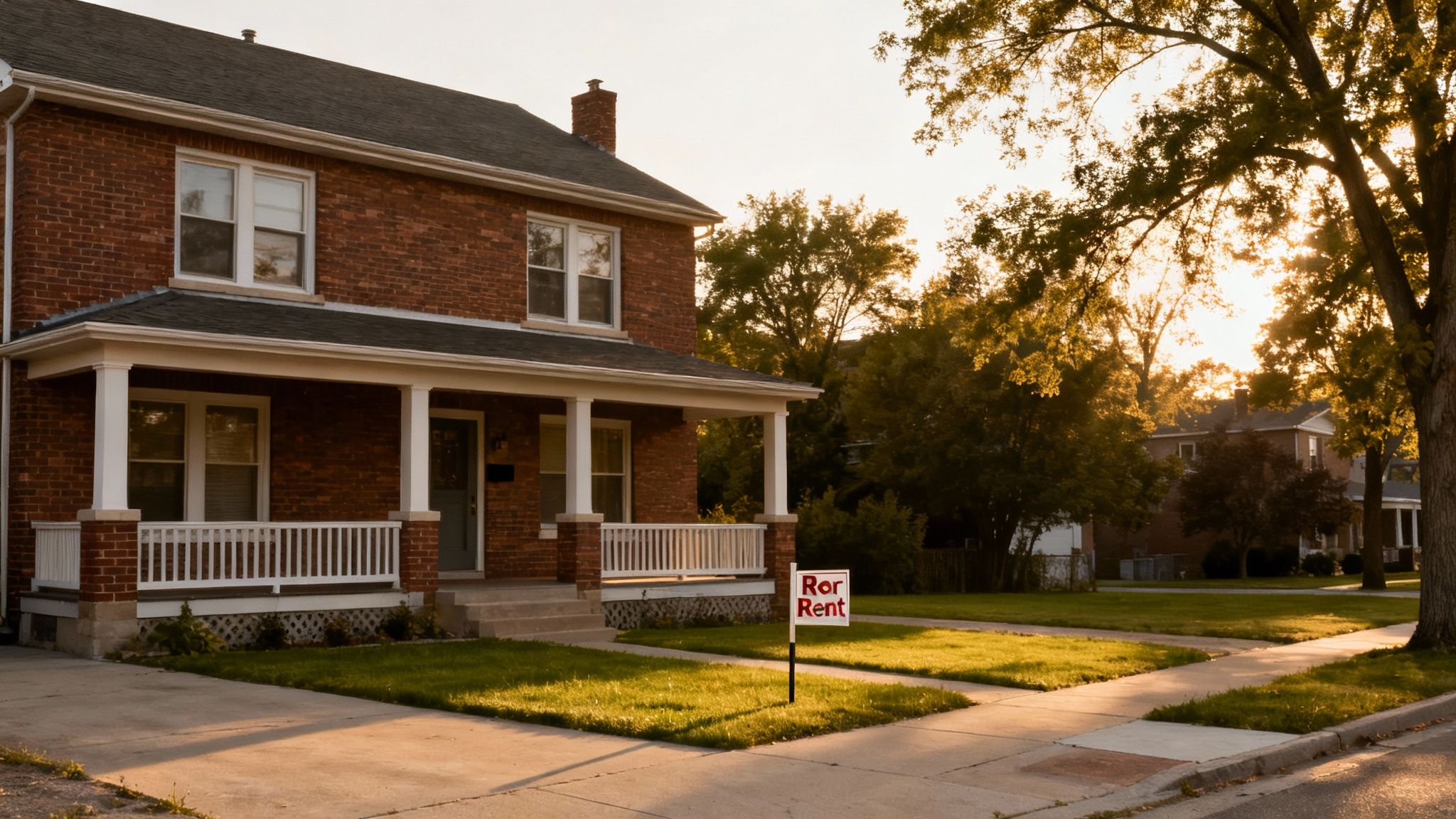 A traditional red brick house with a prominent front porch and a 'For Rent' sign in the sunny yard.