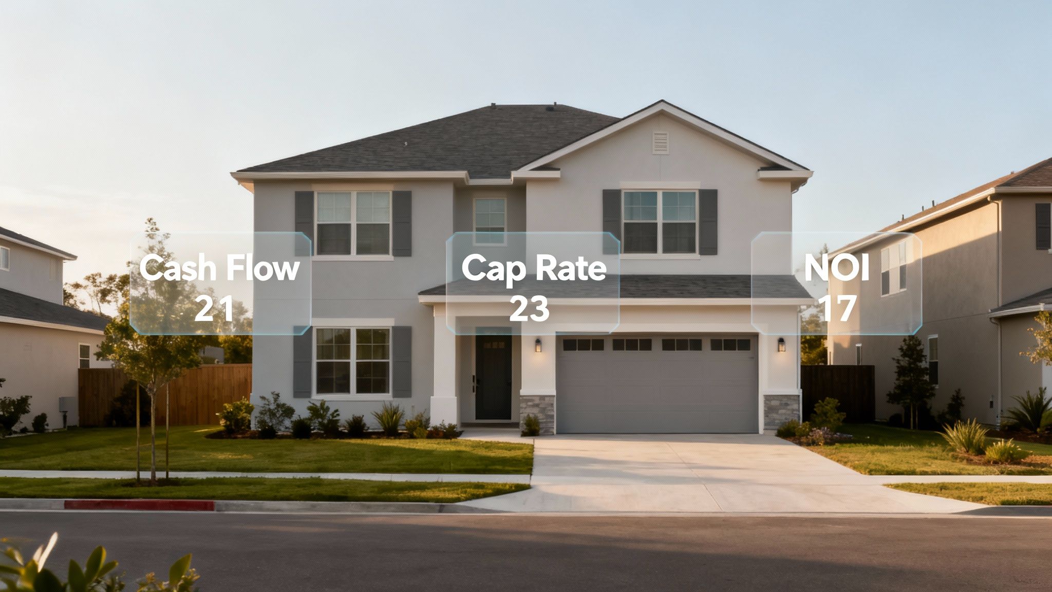 A modern two-story house with financial metrics overlaid, showing Cash Flow 21, Cap Rate 23, and NOI 17.