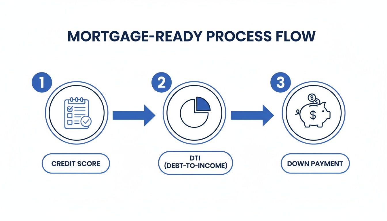 Flowchart illustrating the three-step mortgage-ready process: credit score, debt-to-income ratio, and down payment.