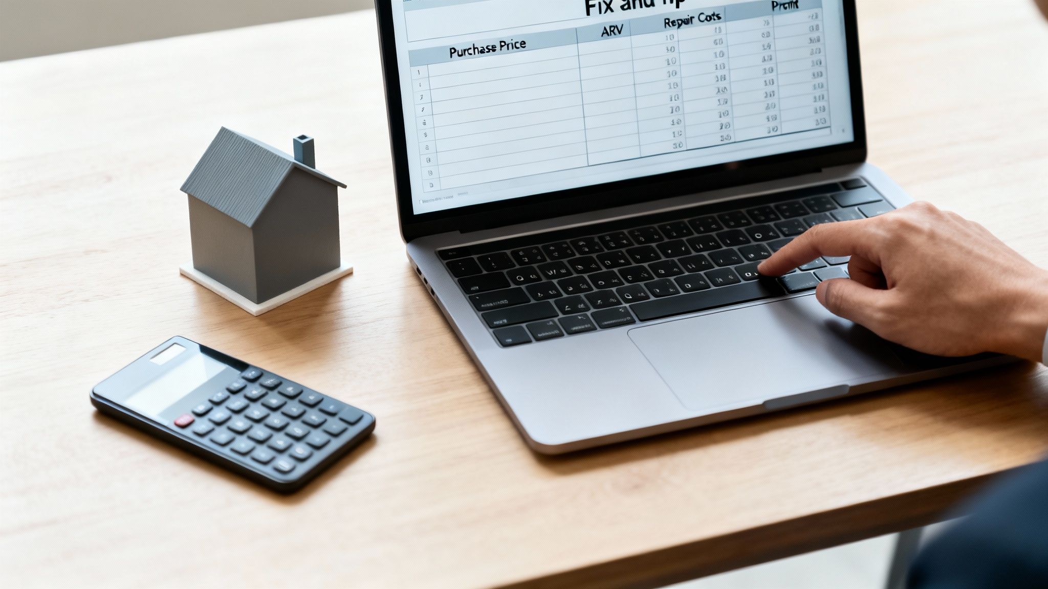 A person calculates fix and flip property investments on a laptop next to a house model and calculator.