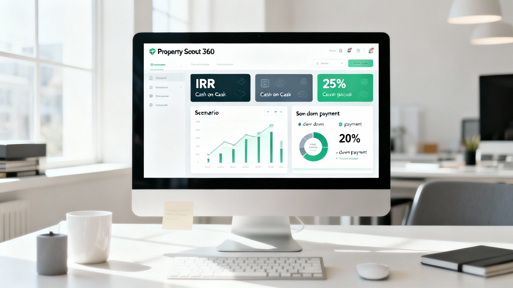 Desktop computer showing a financial investment dashboard on a modern office desk.