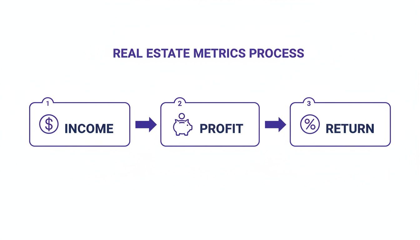 Flowchart illustrating the real estate metrics process from income to profit to return.