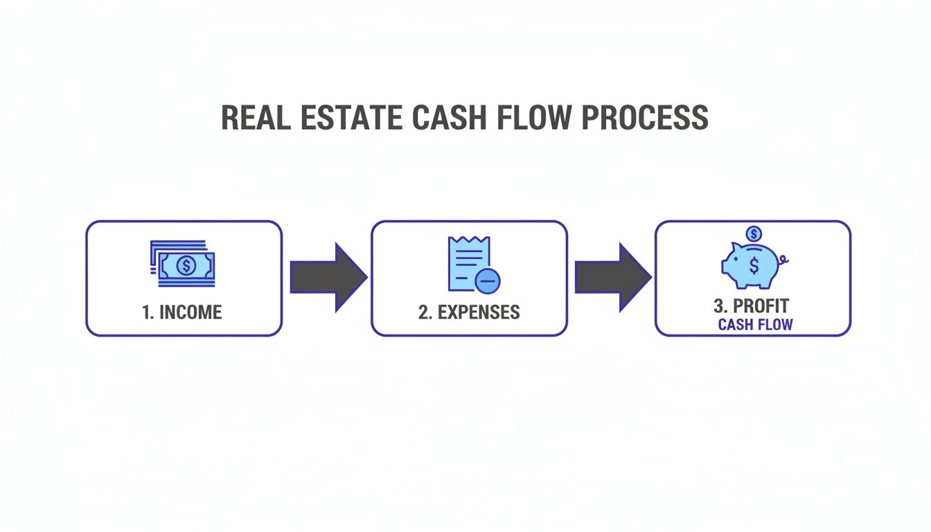 A diagram illustrating the real estate cash flow process, showing income, expenses, and profit.