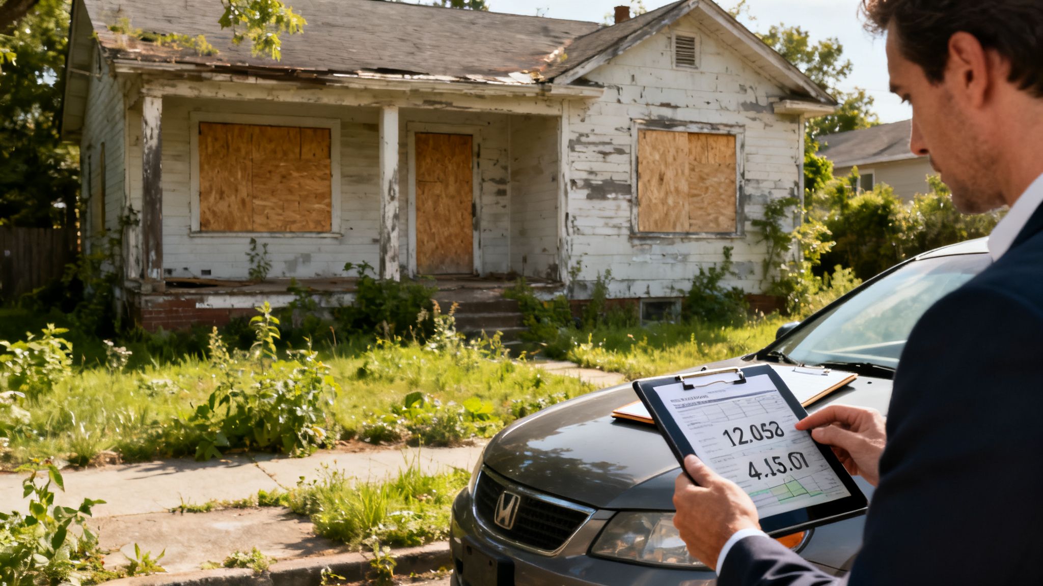 A man in a suit reviews property data on a tablet in front of a neglected, boarded-up house.