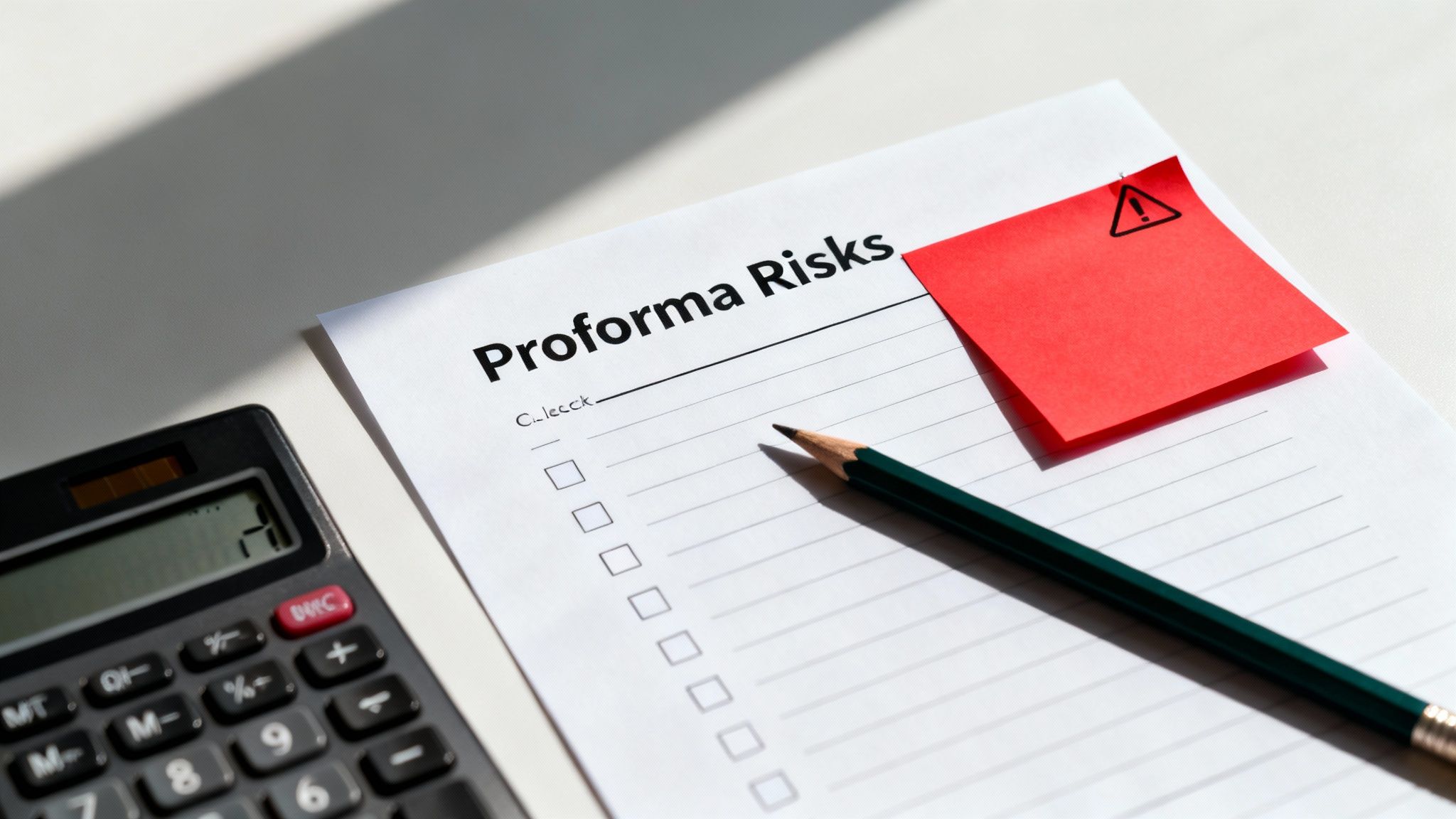 A document titled 'Proforma Risks' with a checklist, red warning sticky note, pencil, and calculator.