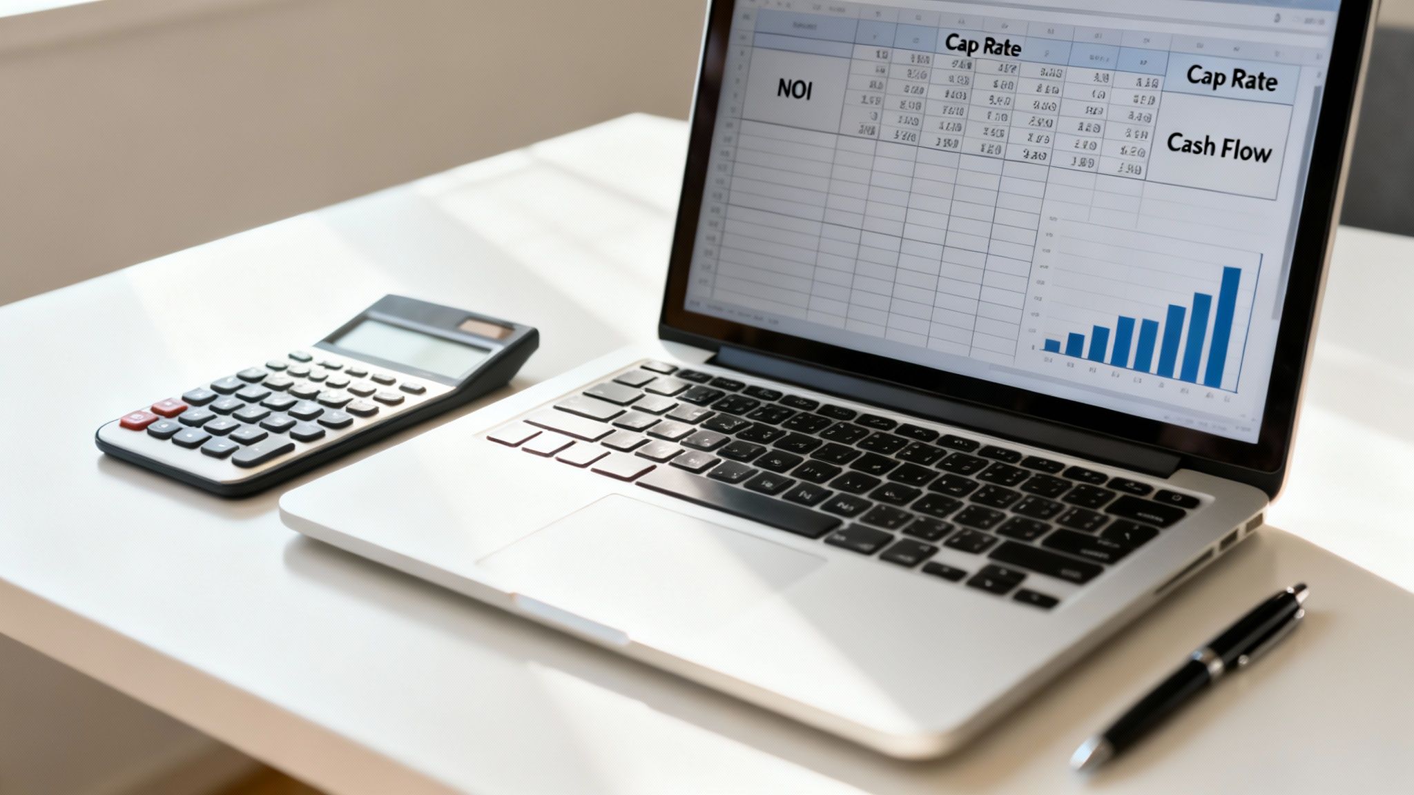 A laptop showing real estate investment analysis data with a calculator and pen on a white desk.