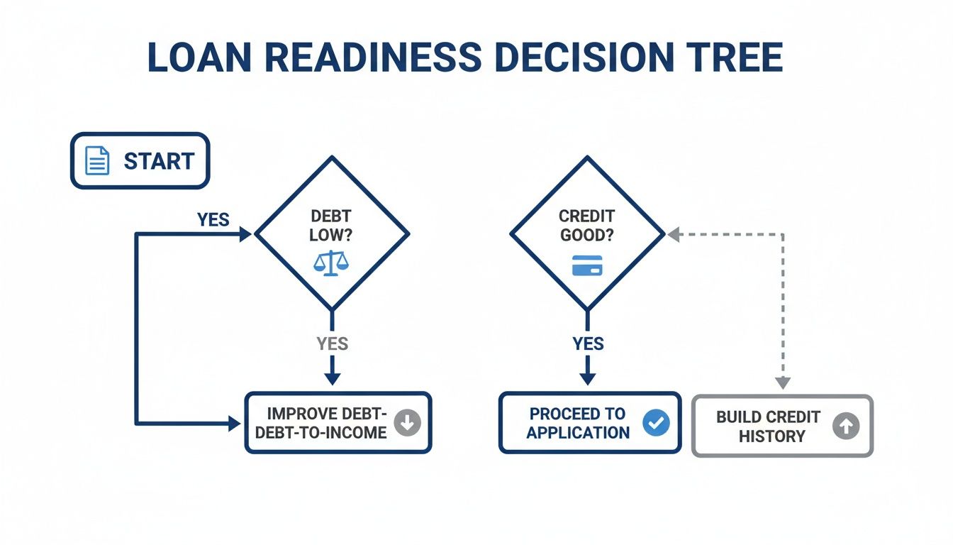 Decision tree flowchart illustrating steps for loan readiness, including debt assessment and credit score evaluation.
