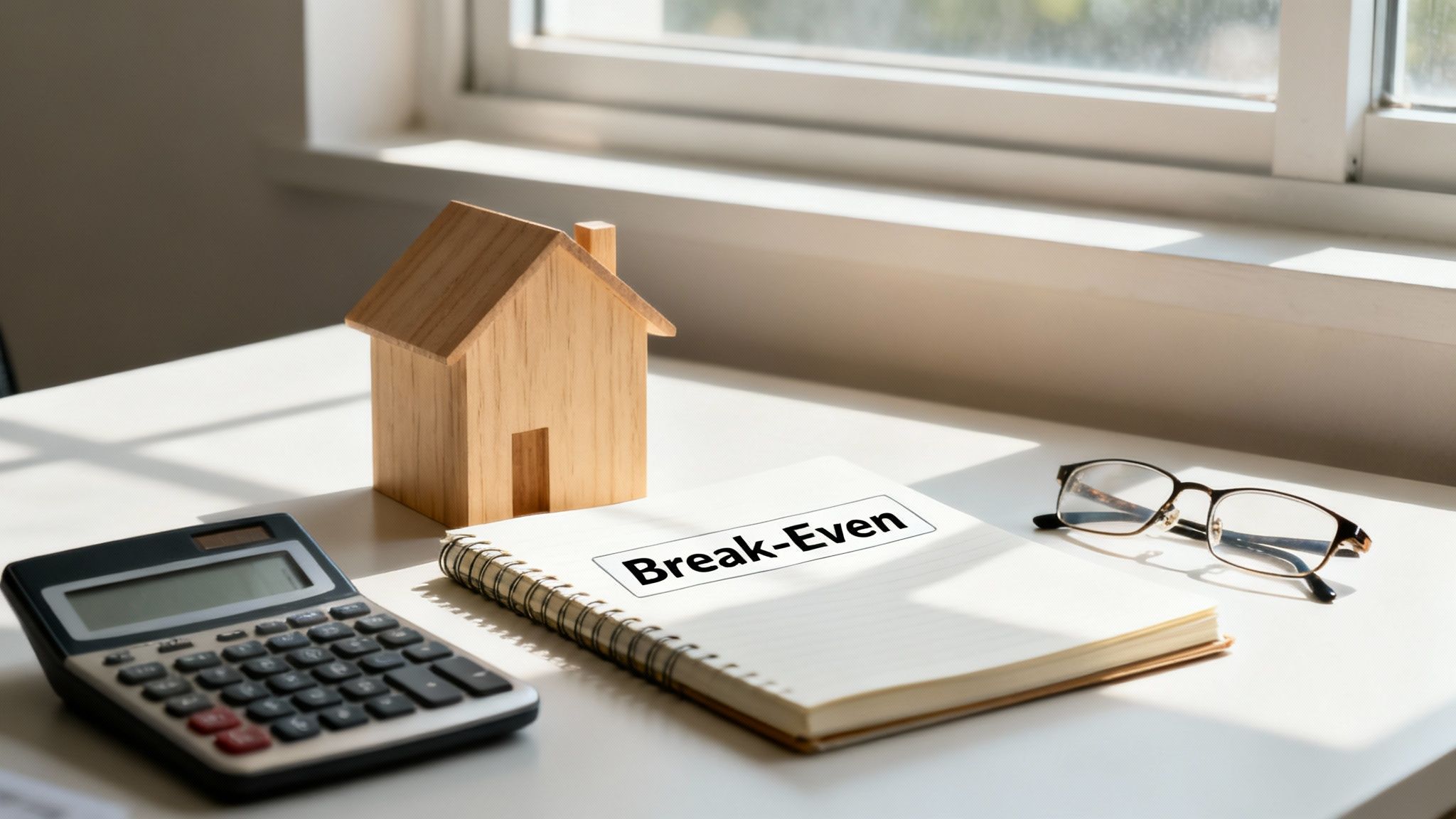 A desk setup for financial planning with a wooden house, calculator, and 'Break-Even' notebook.