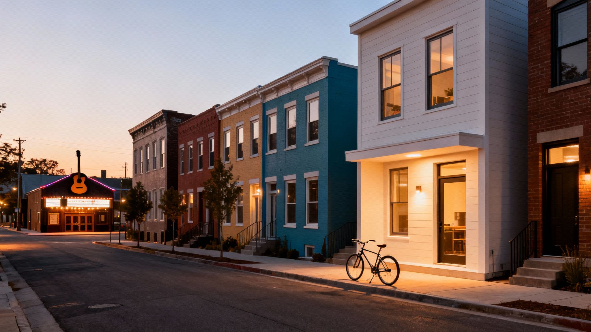 A vibrant street scene at dusk with colorful rental properties, a bicycle, and a music venue.