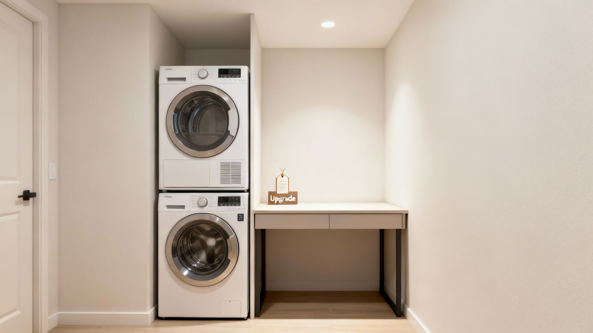 A modern laundry nook with a stacked white washer and dryer next to a compact desk with drawers.