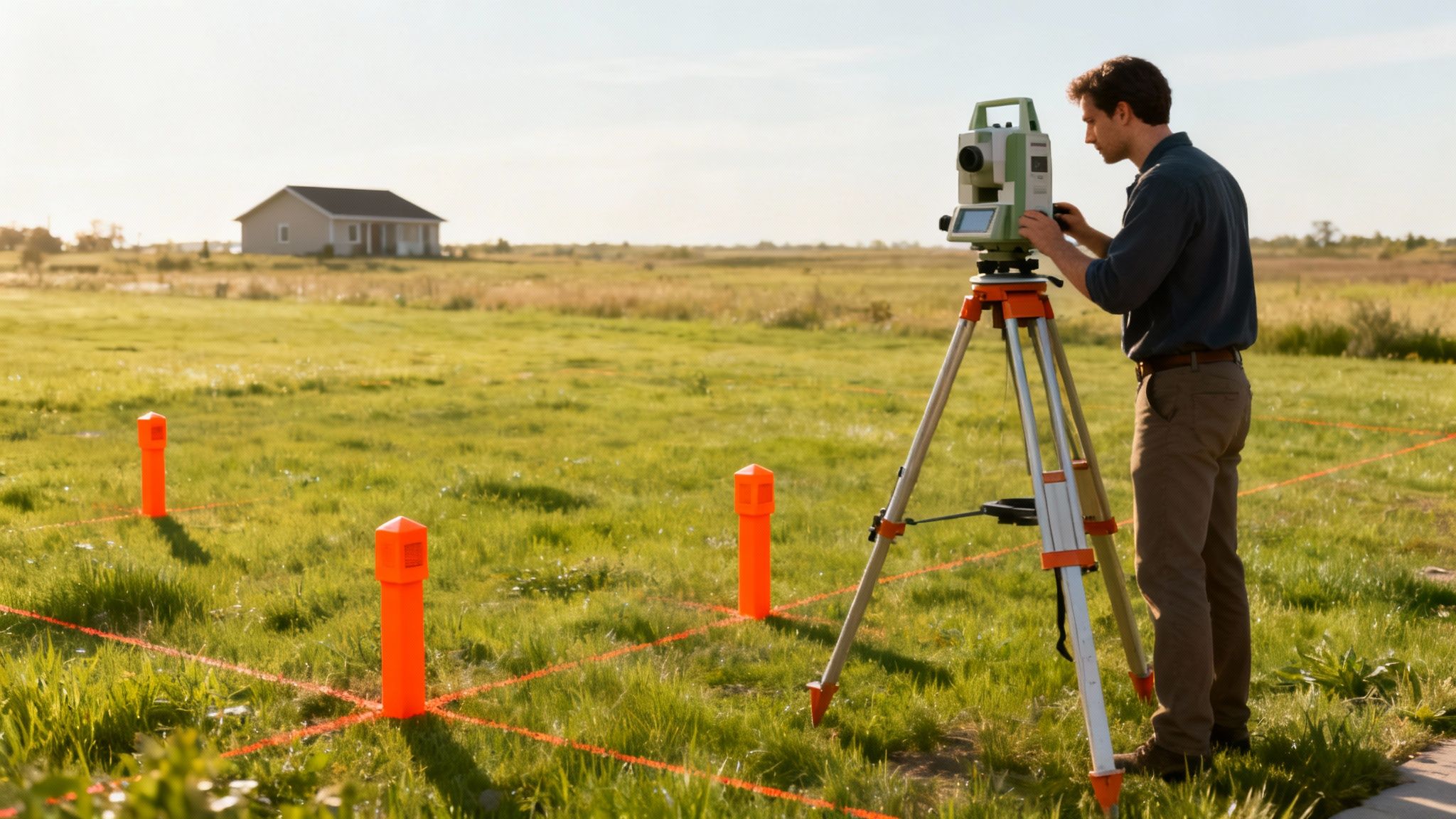 A surveyor operates a total station on a grassy plot marked with orange posts and red lines, with a house in the background.