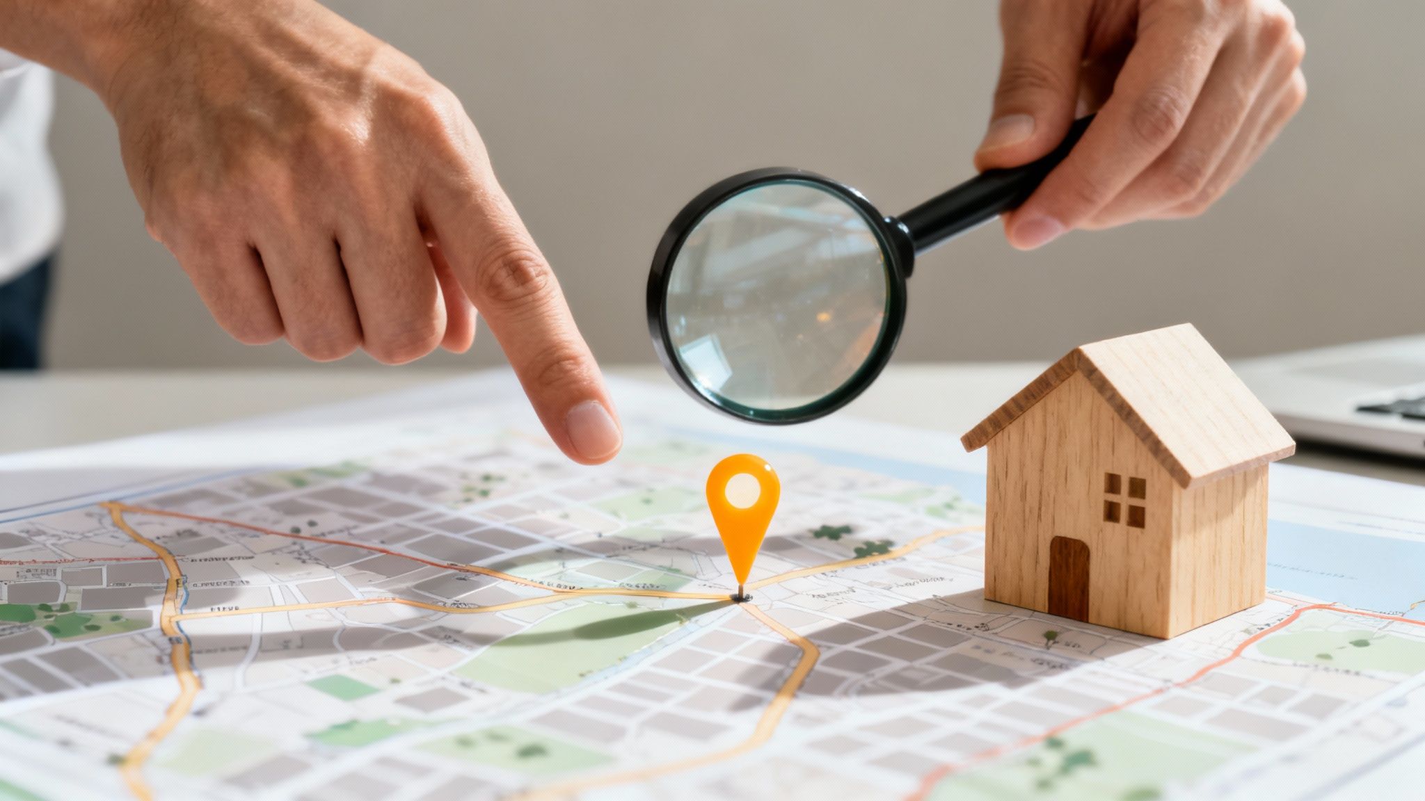 Hands using a magnifying glass to search for a house on a map with a location pin.