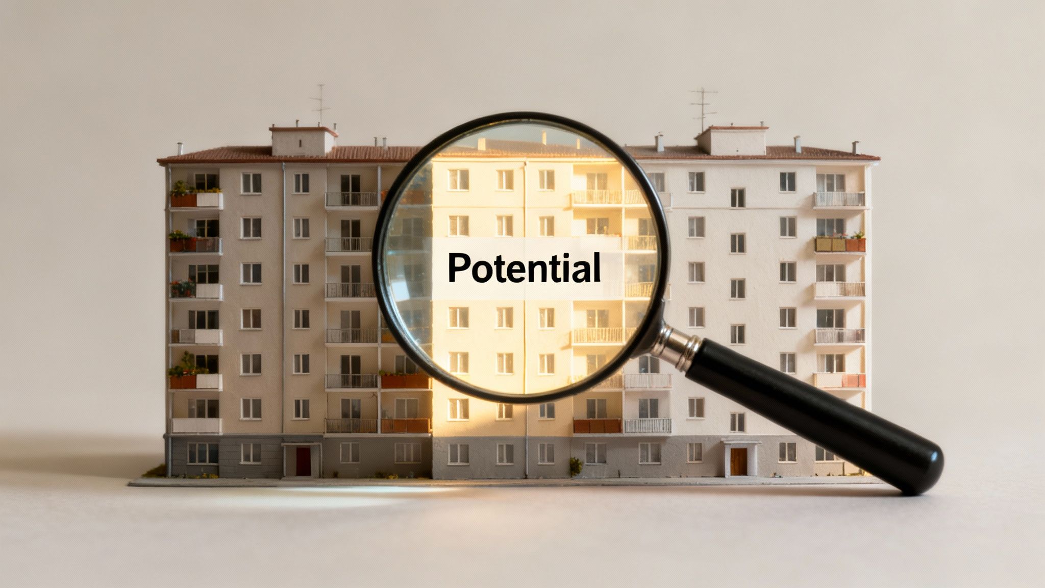 A magnifying glass with 'Potential' highlights a model apartment building, symbolizing real estate opportunity.