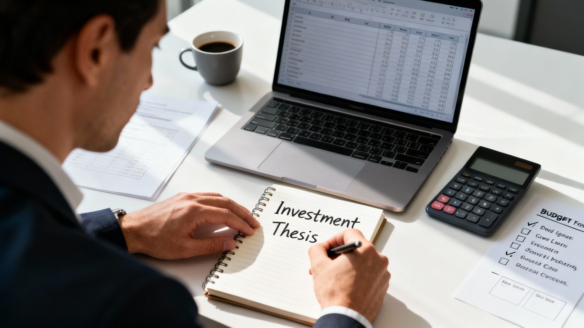 A man writes "Investment Thesis" in a notebook on a desk with a laptop, calculator, and coffee.