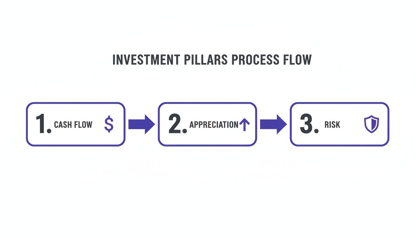 An investment pillars process flow showing cash flow, appreciation, and risk as three steps.