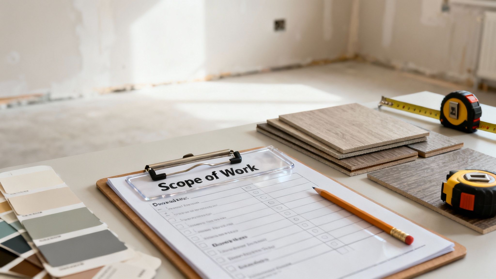 Construction planning table with 'Scope of Work', color swatches, flooring samples, and tape measures.