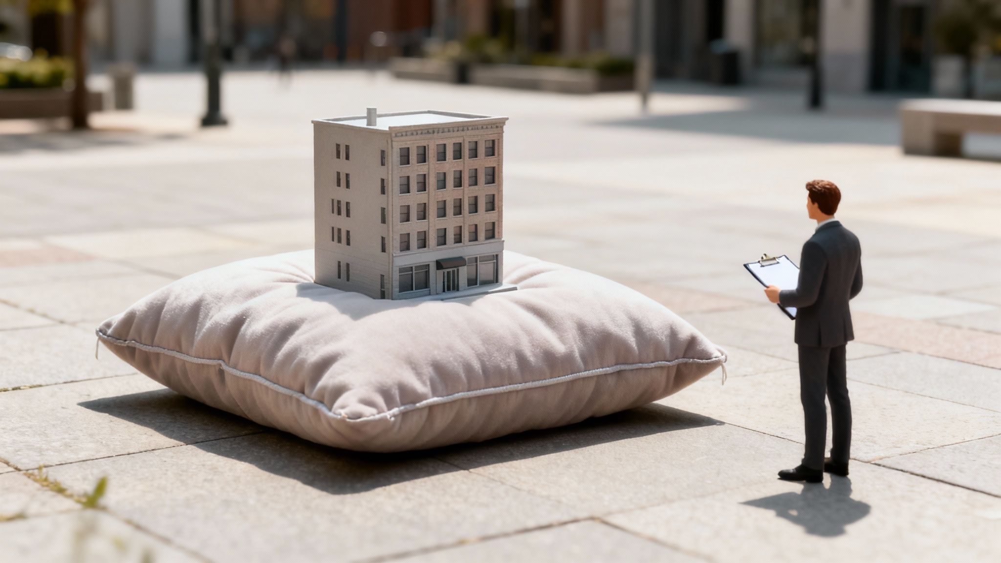 Businessman figurine reviews a detailed building model placed on a cushion outdoors.
