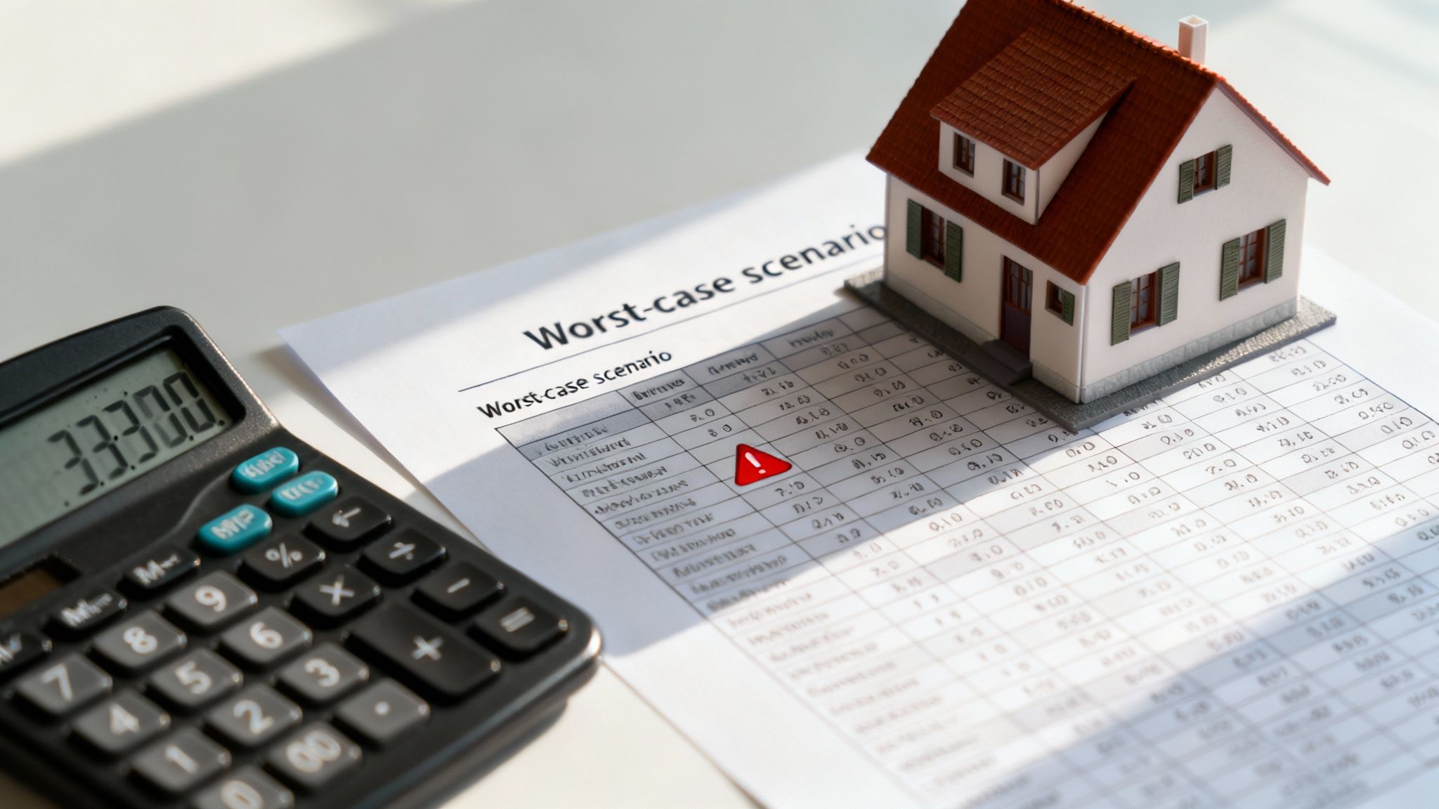 Calculator and a miniature house on a 'worst-case scenario' document with a warning sign, representing real estate risk.