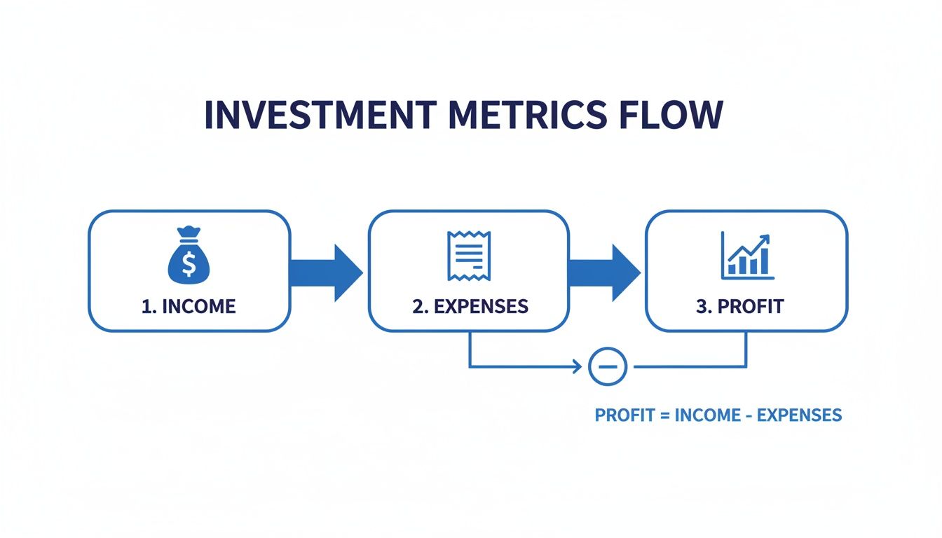 A flowchart titled 'Investment Metrics Flow' showing income, expenses, and profit calculation.