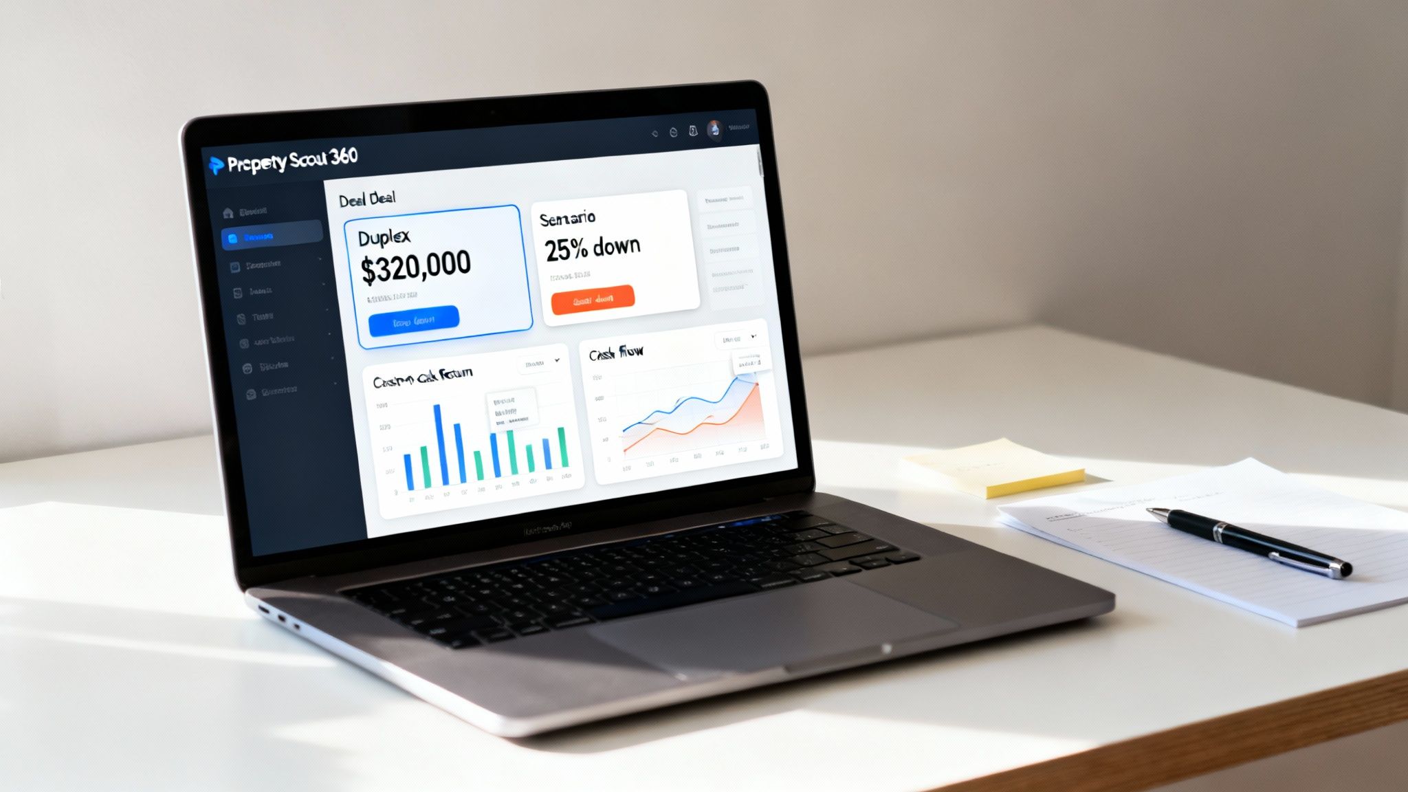 Laptop displaying a Property Scout 360 real estate investment dashboard with deal analysis and cash flow graphs.