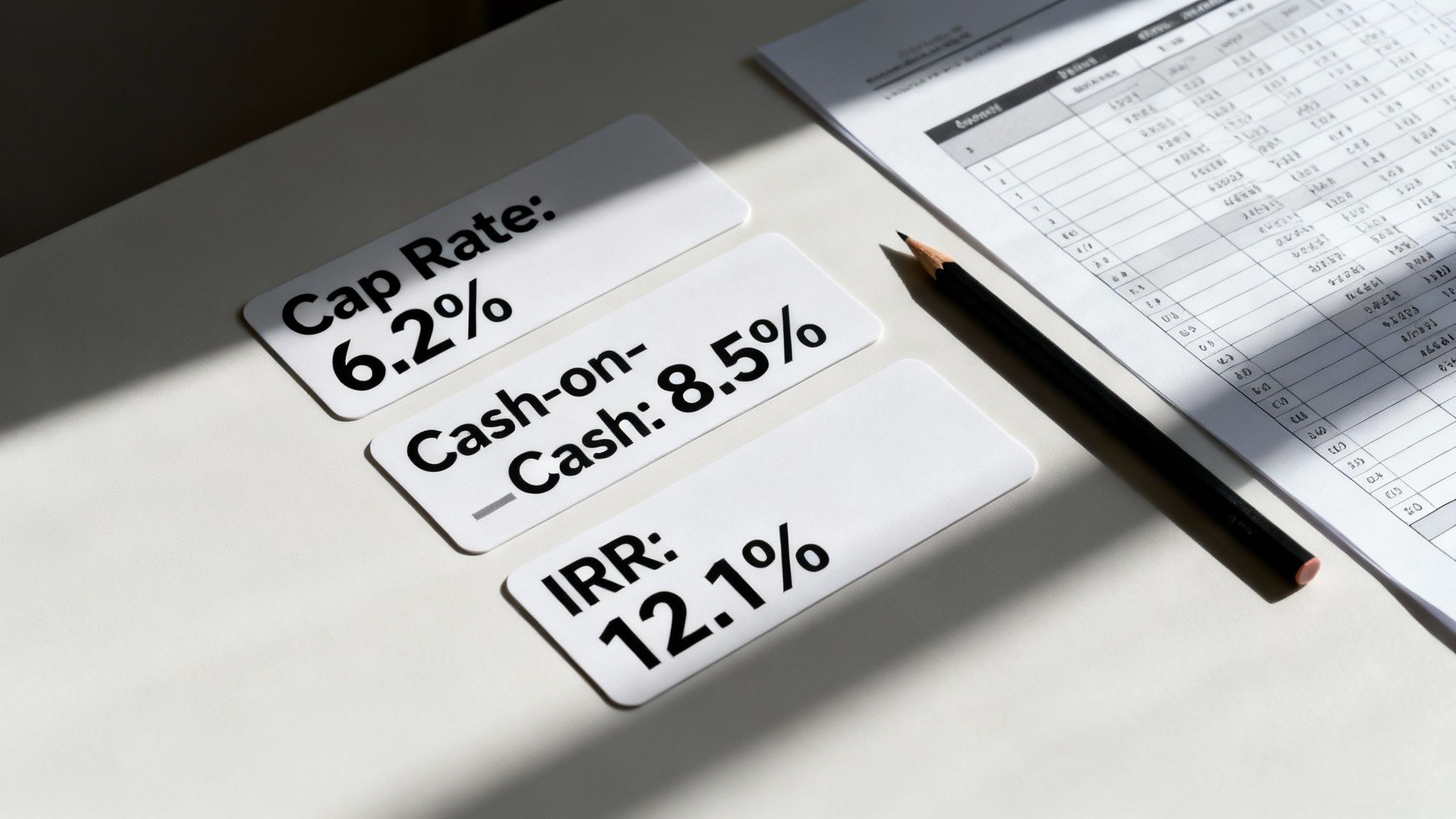 Close-up of real estate investment analysis metrics like Cap Rate, Cash-on-Cash, and IRR on cards.