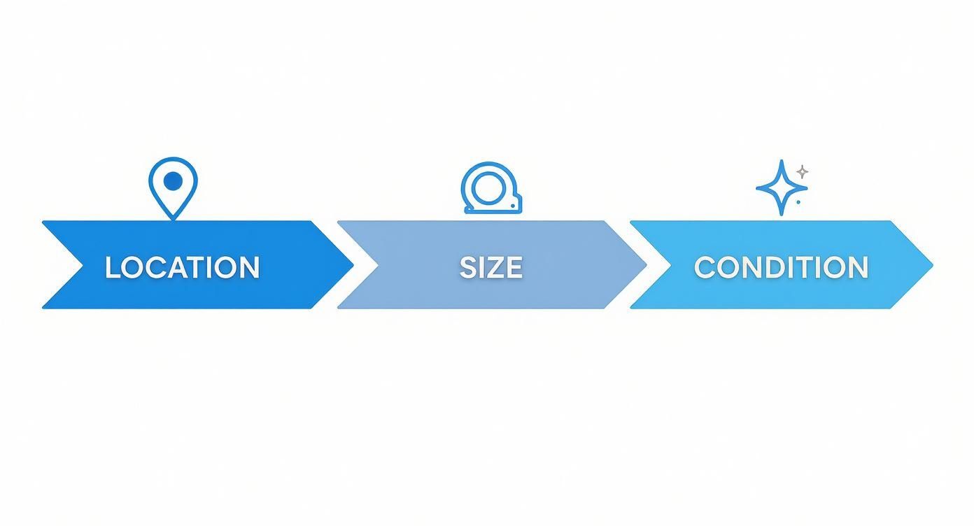 A three-step process diagram with icons for location, size, and condition.