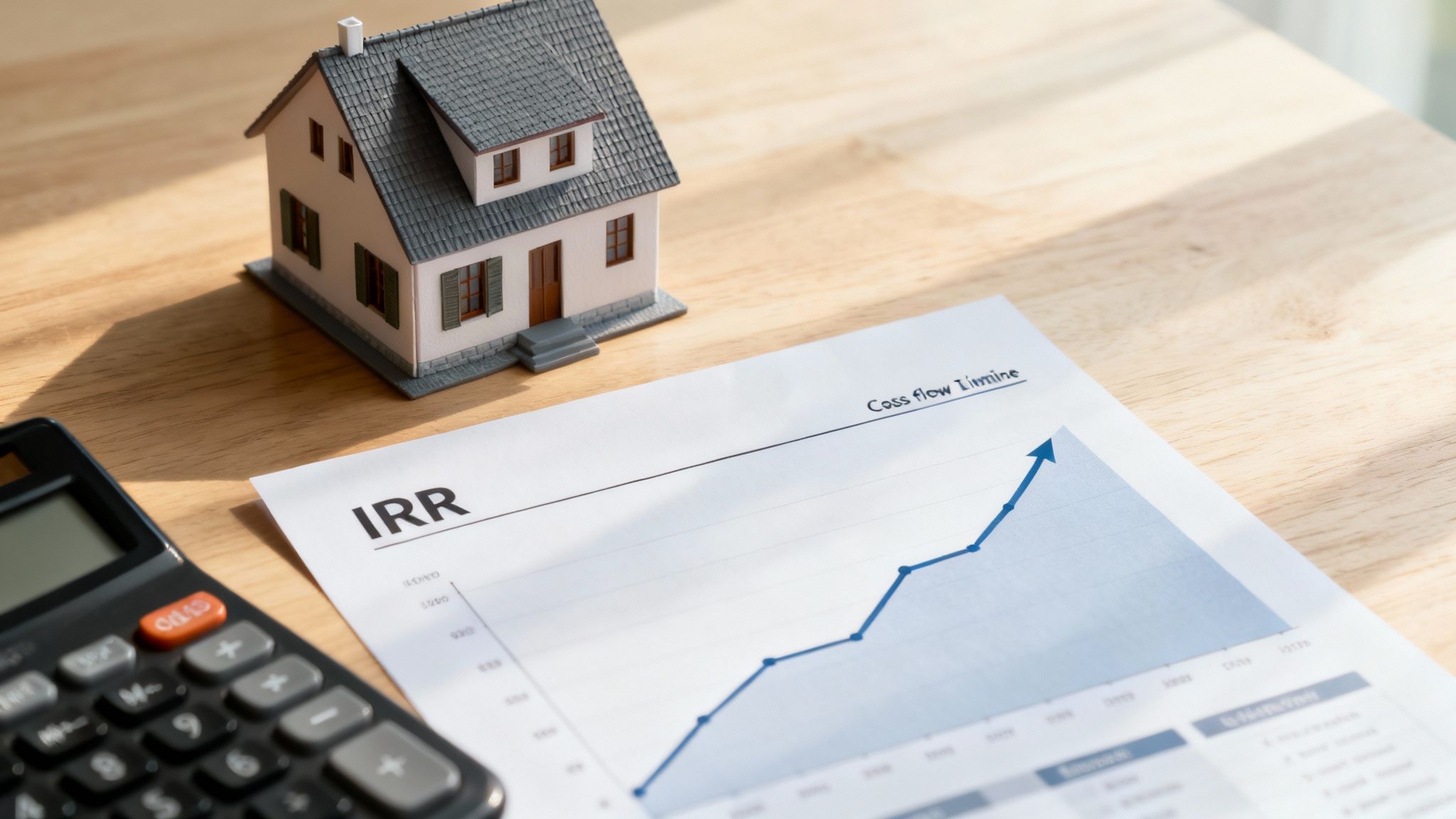 A miniature house model, calculator, and a document with an IRR graph on a wooden table.