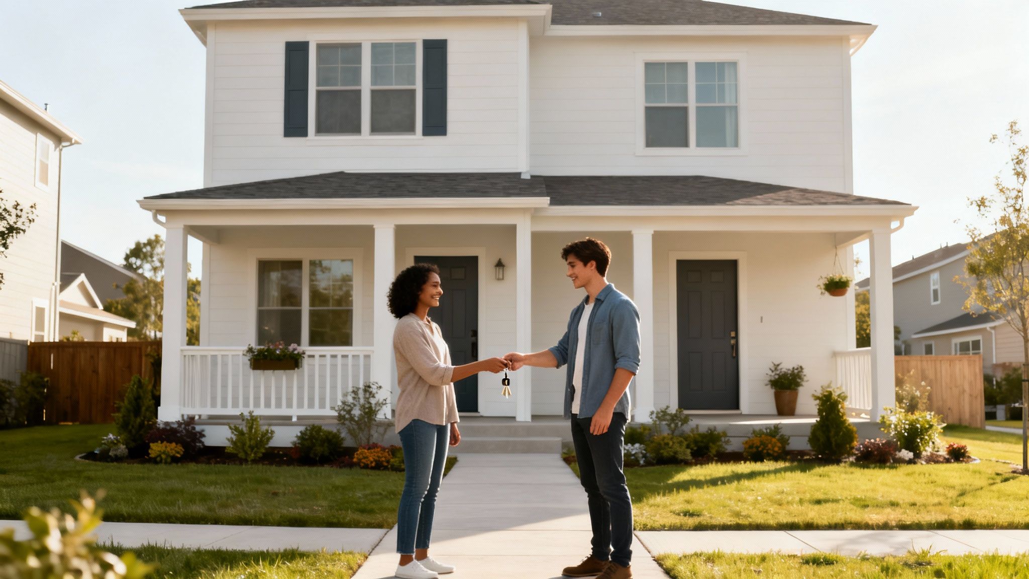 Happy couple exchanging house keys in front of their new white home.