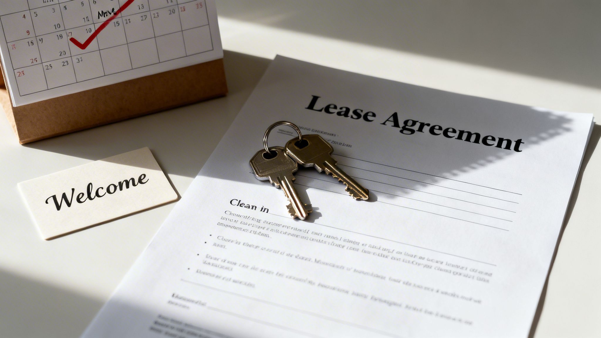 Keys and a lease agreement on a table with a calendar and a welcome card.