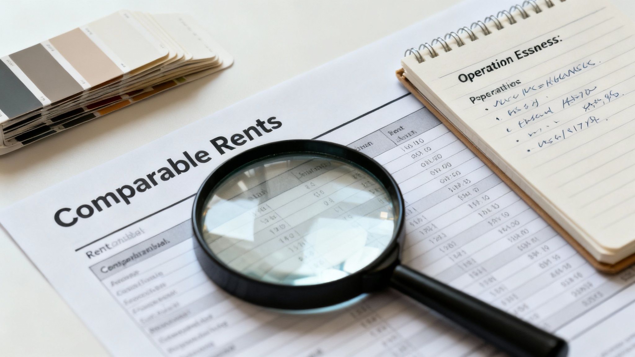A magnifying glass on a 'Comparable Rents' document, next to a notebook and color swatches.