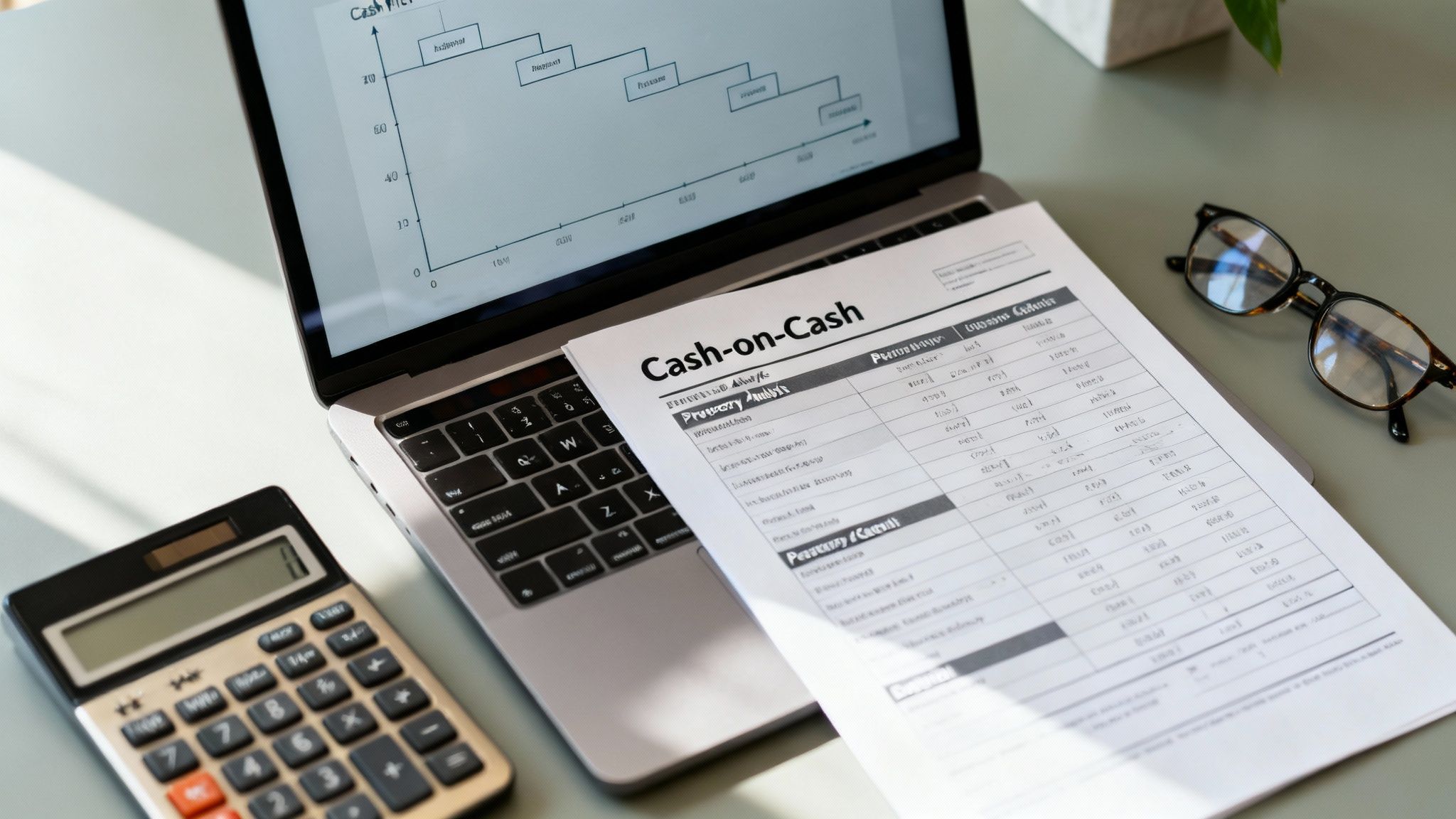 A financial workspace with a laptop, cash-on-cash analysis document, calculator, and eyeglasses on a light desk.