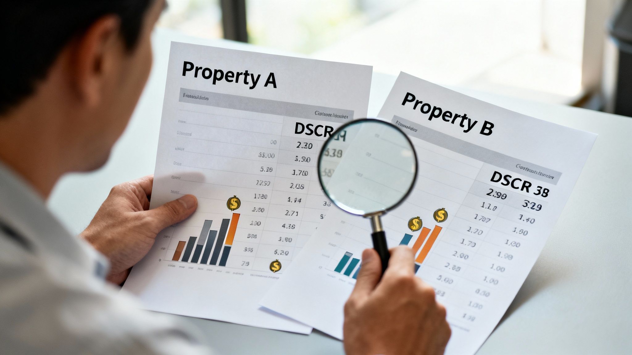 A person uses a magnifying glass to compare real estate financial reports for properties A and B.