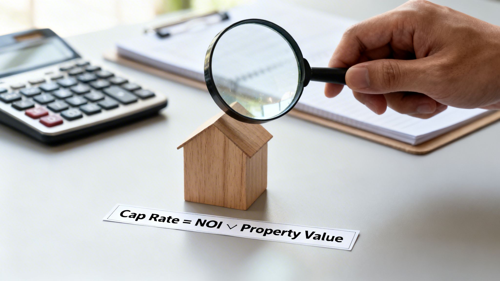 Hand with magnifying glass over a house model, with 'Cap Rate = NOI / Property Value' formula.