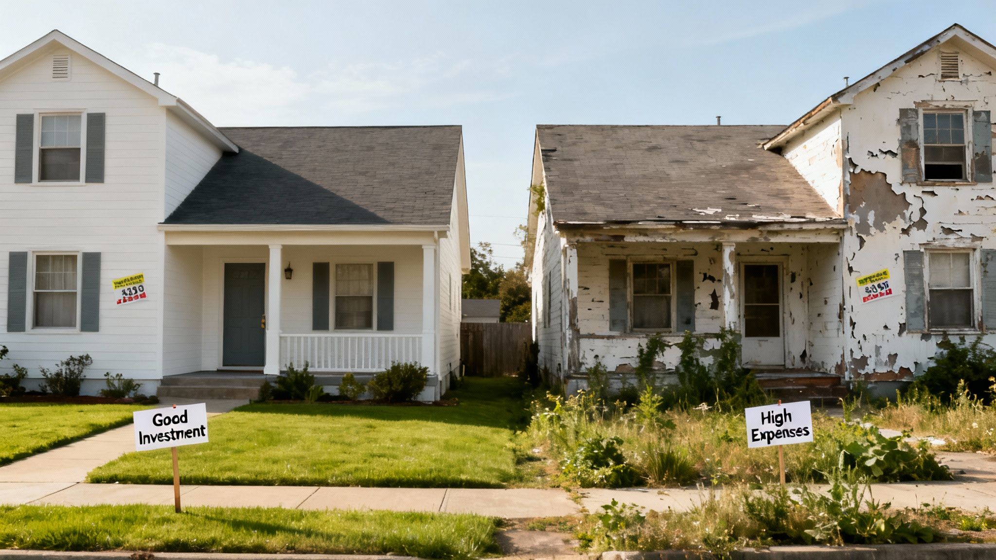 Two contrasting houses: one new and a 'Good Investment,' the other dilapidated and 'High Expenses.'