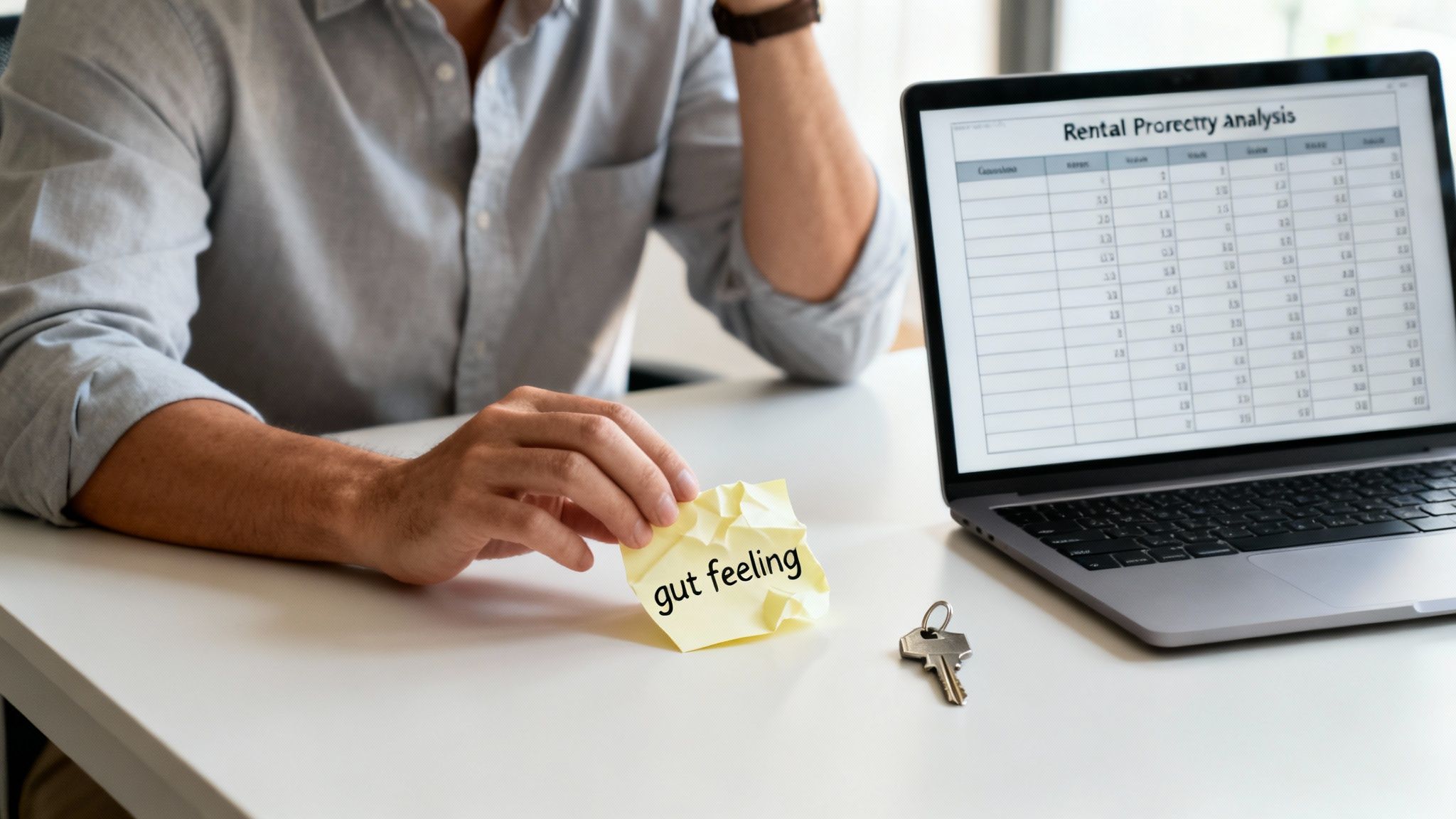 Person holding a 'gut feeling' note while analyzing a rental property spreadsheet on a laptop.