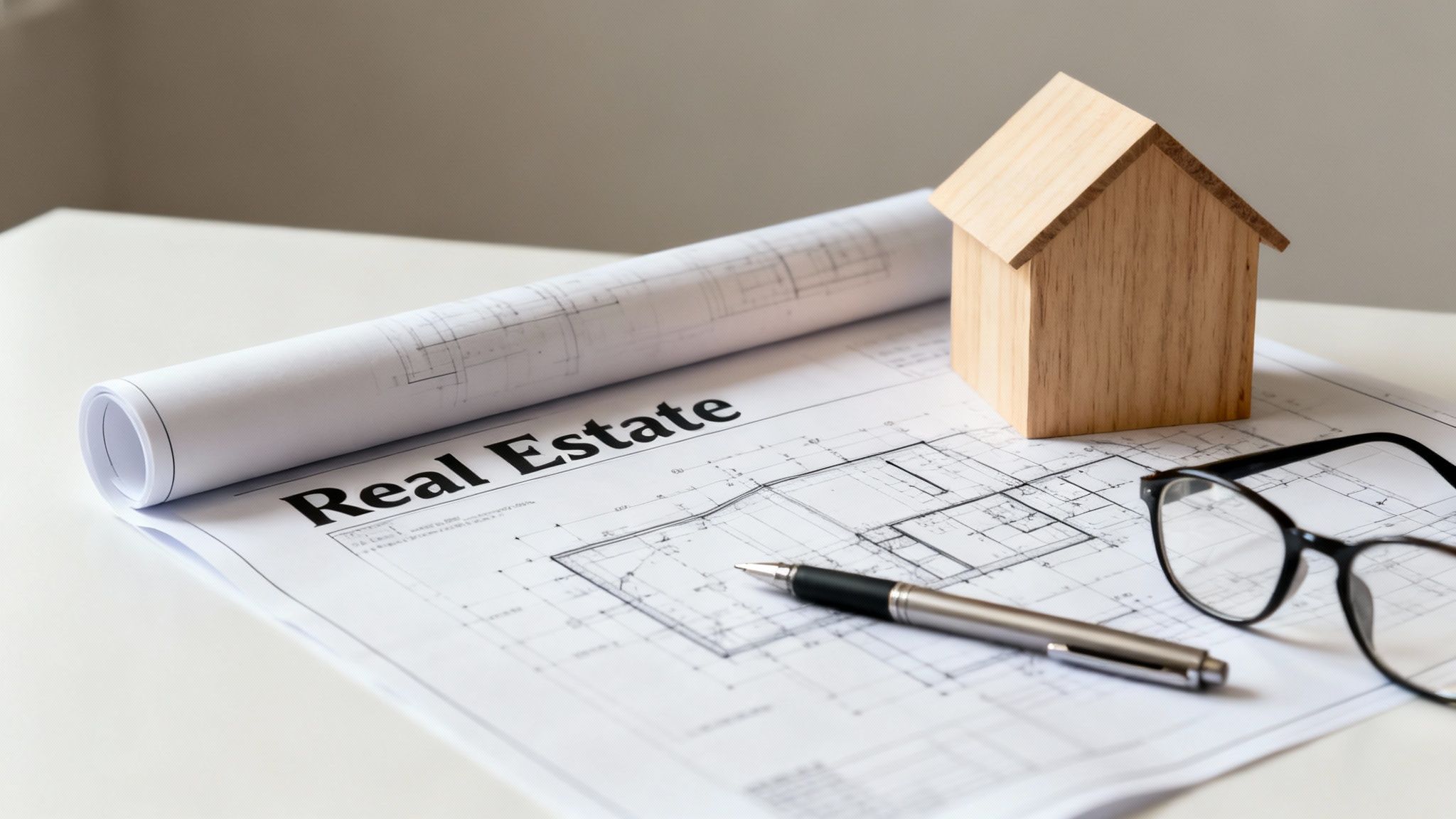Real estate documents, including a blueprint, with a wooden house model, pen, and glasses.