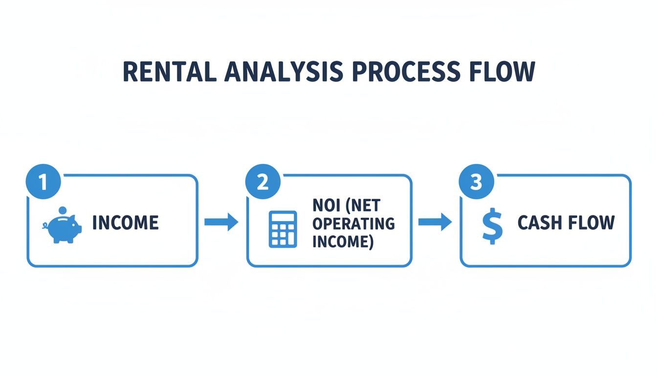Flowchart illustrating the rental analysis process from income to net operating income and cash flow.