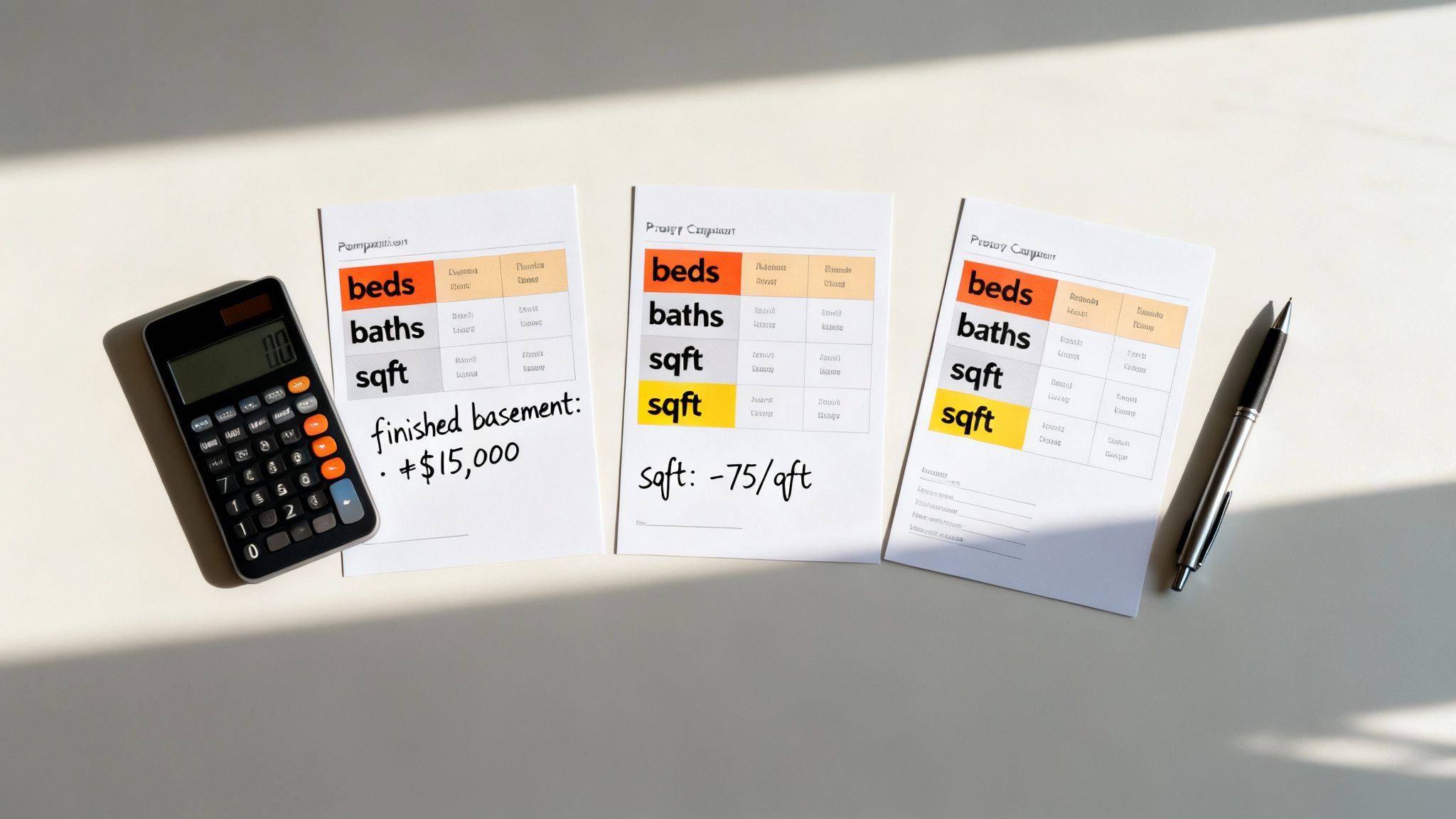 A calculator, a pen, and three real estate comparison sheets with housing features and pricing adjustments.