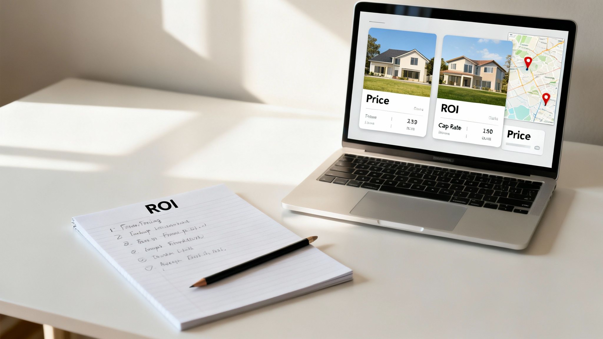 A laptop screen displays real estate investment data including house prices, ROI, and a map, next to a notepad with 'ROI' written.