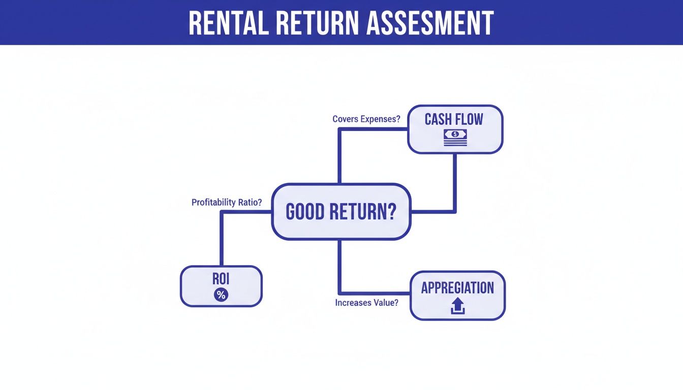 Flowchart illustrating rental return assessment, focusing on cash flow, ROI, and property appreciation.