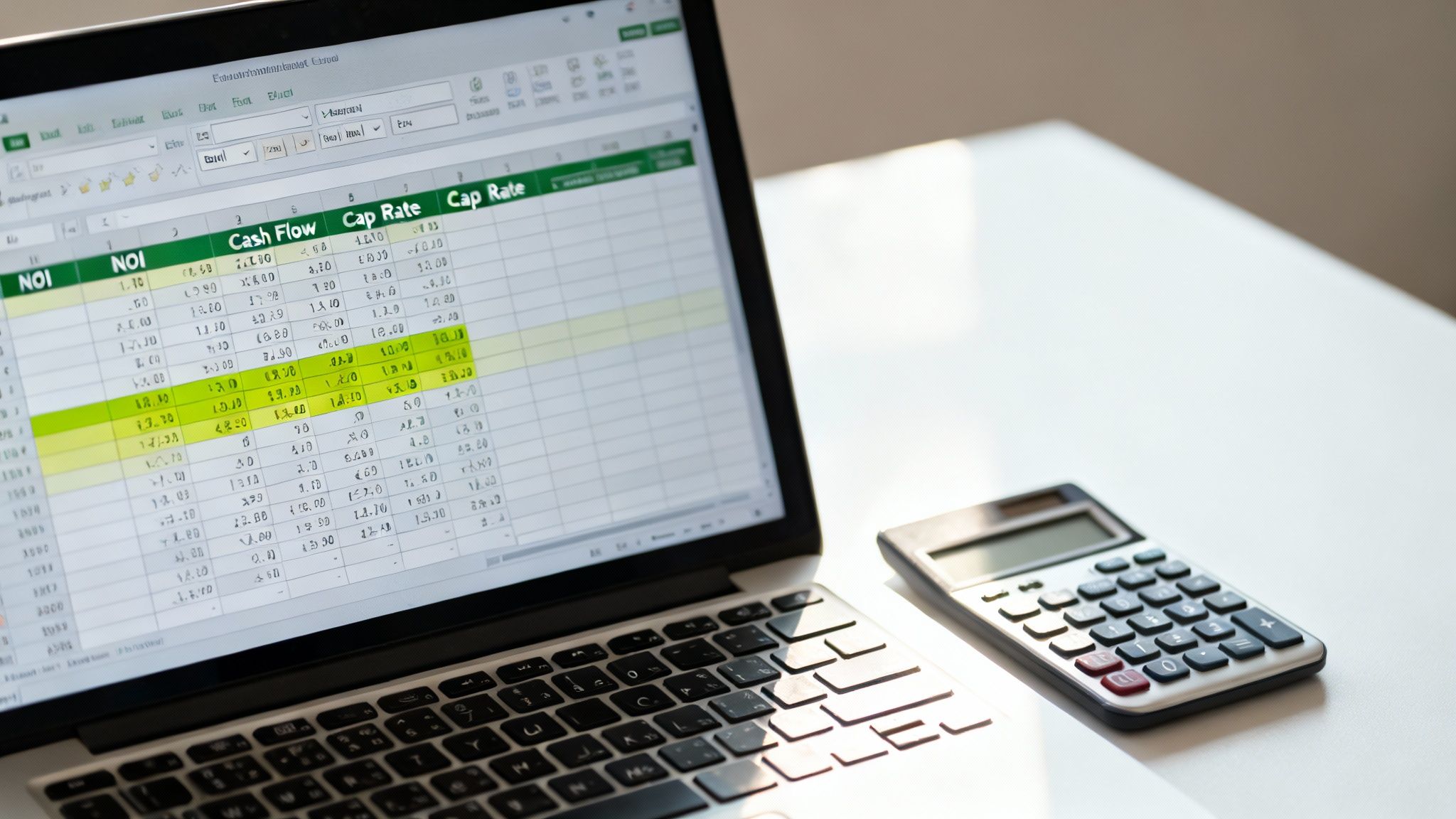 A laptop displays a financial spreadsheet with 'NOI', 'Cash Flow', and 'Cap Rate' columns, with a calculator beside it on a white desk.