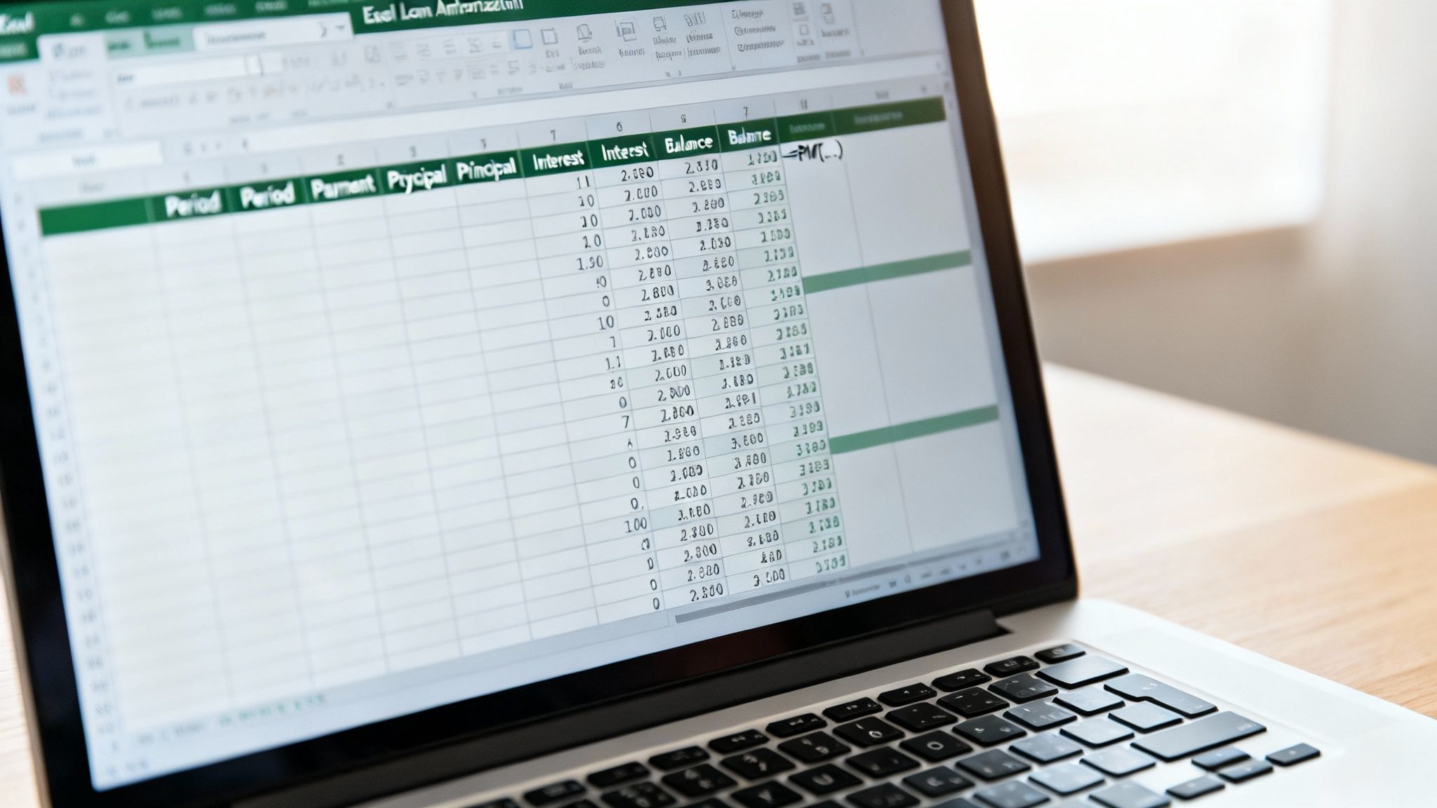 Close-up of a laptop screen displaying an Excel spreadsheet with financial calculations, likely a loan amortization schedule.