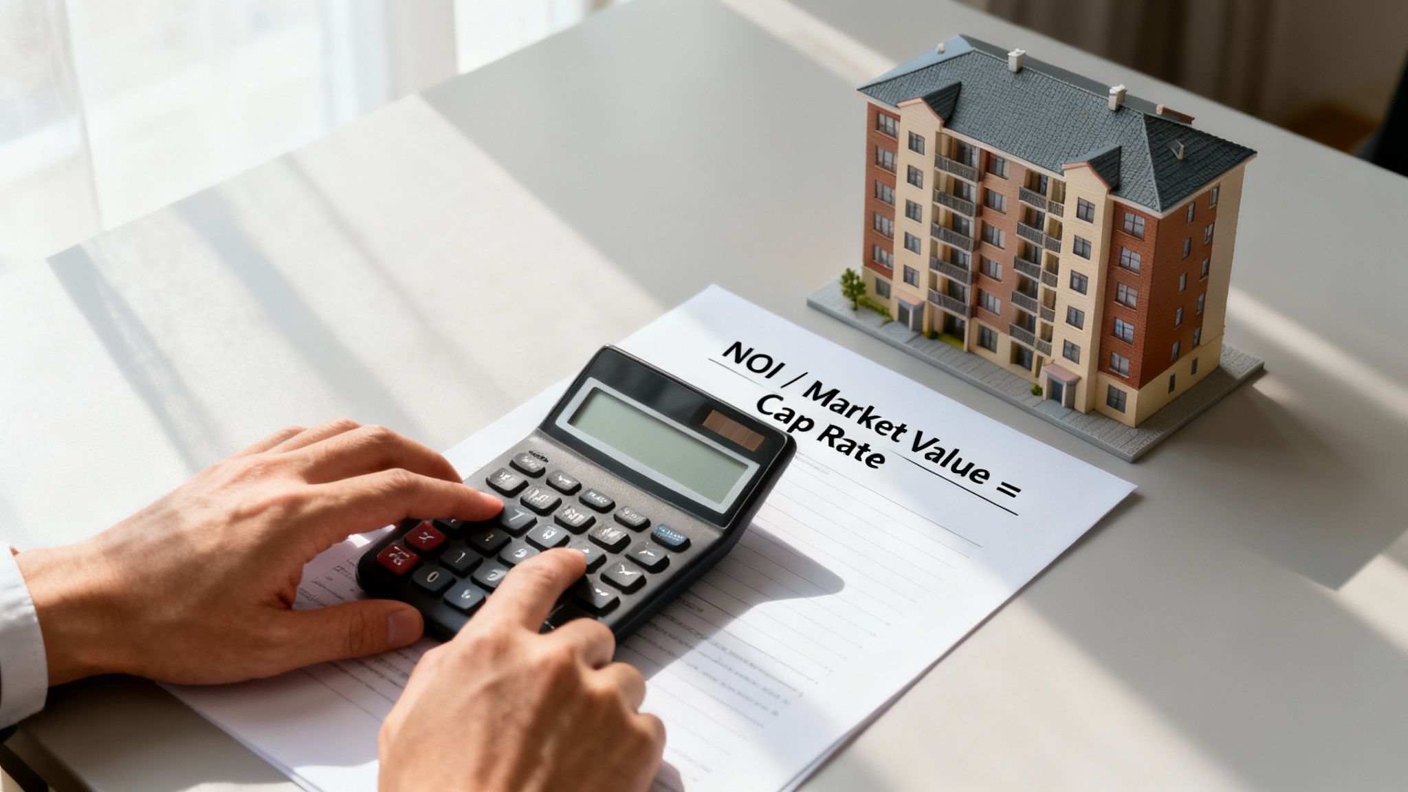 Person calculating real estate investment cap rate with a calculator and a building model on a desk.